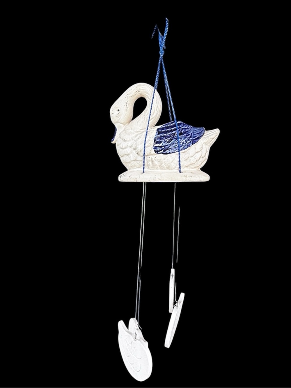 Vtg Swan Partially Glazed Ceramic Wind Chime 4chimes Blue Feather Taiwan Grandma